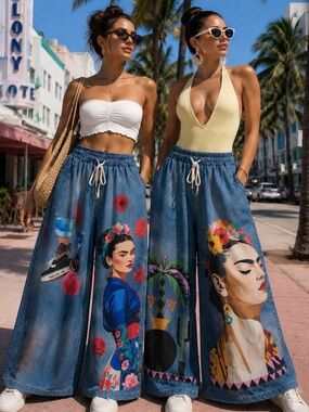 Wide-Leg Printed Denim Skirt with Frida Kahlo Artwork - Blue